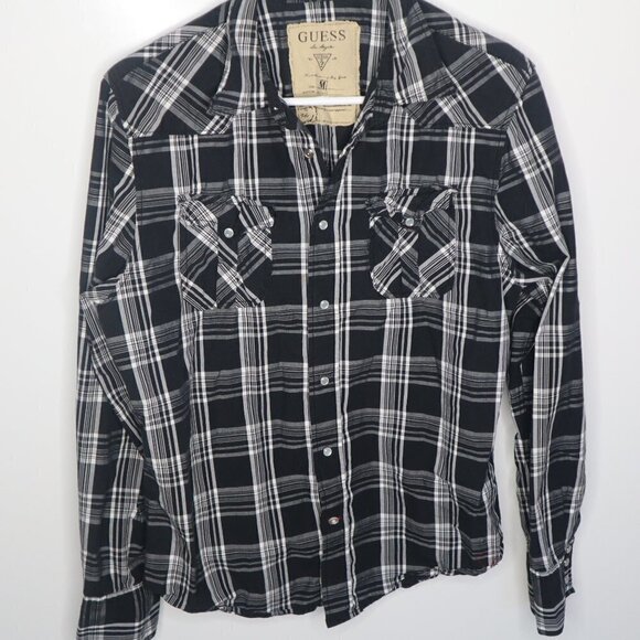 Guess Men's Black White Plaid Button Up Shirt Top - Picture 1 of 10